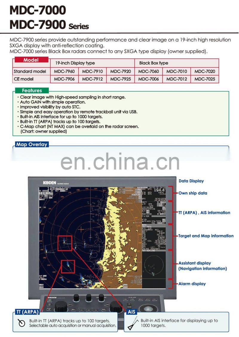 Marine electronics navigation communication koden MDC-7920 7925 96NM 25KW 19'' open array antenna X BAND vessel marine radar