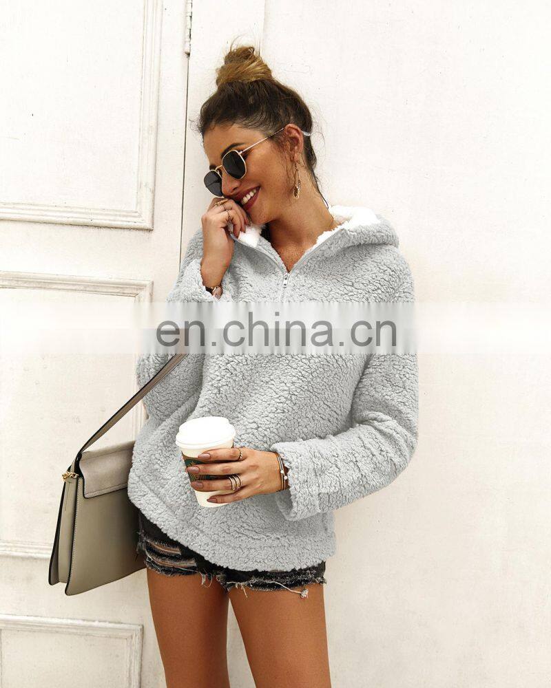 Wholesale custom women's jackets Casual and comfortable long-sleeved hooded zipper loose solid color street style