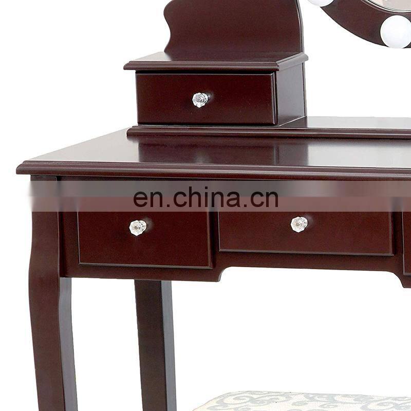 Brown Dressing Table with Stool and LED Lights with 5 Drawers and Mirror Dresser Furniture Dresser Makeup Table