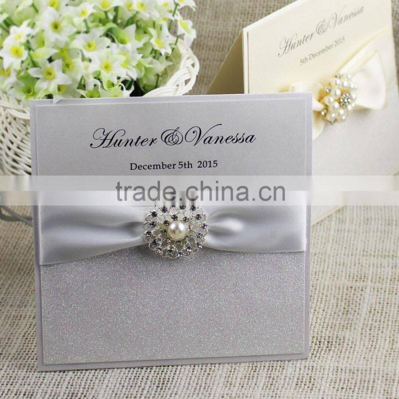 beige silver color ribbon luxury bengali wedding invitation card