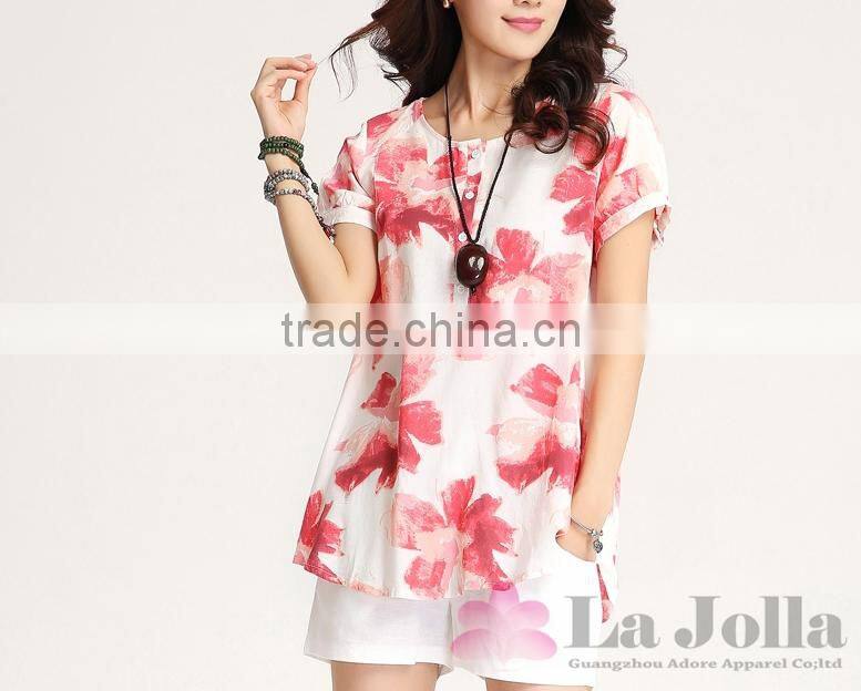 Latest Summer Fashion Ladies Flower Printed Chiffon Short Sleeves T-shirt 108