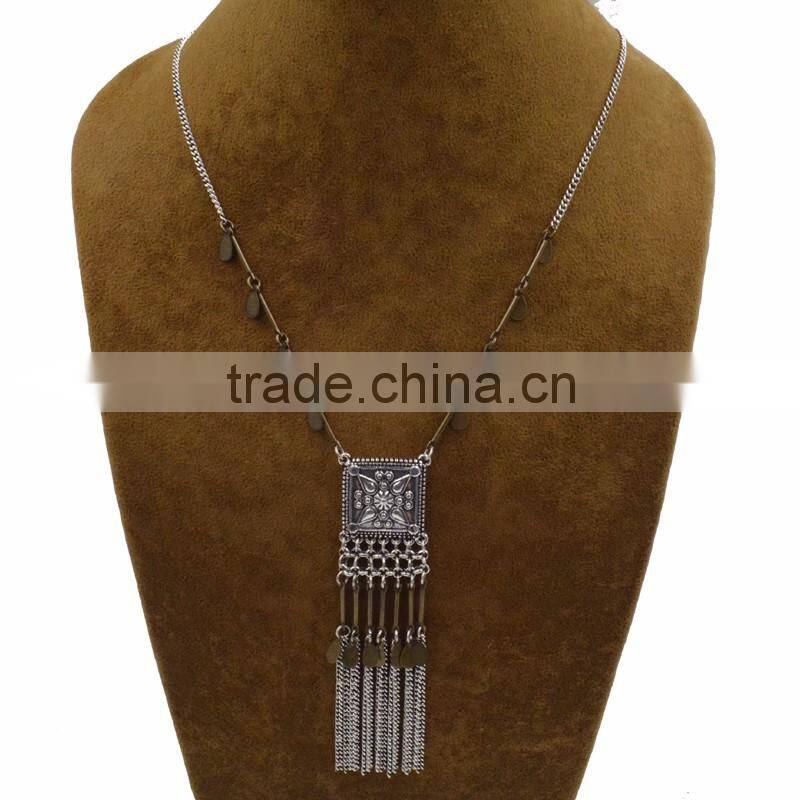 Ethnic Tribal Boho Alloy Beaded Fringe Necklace Long Bohemian Jewelry Women