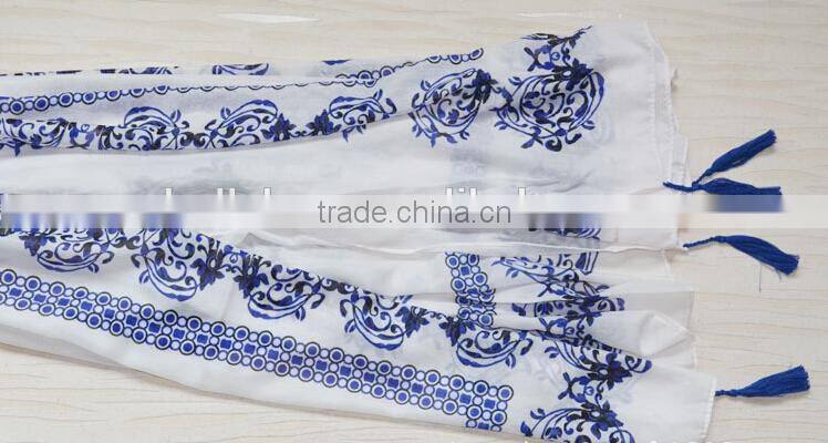 Autumun Winter Fashion Blue And White Porcelain Printing Cotton Pashmina Scarf With Tassel