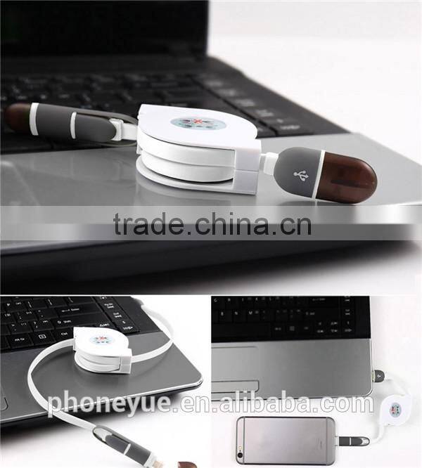 2 in 1 data sync and charging cable one way flat retractable usb cable