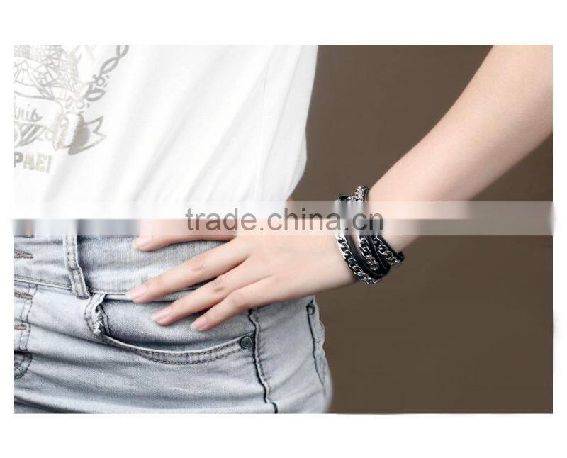 2016 new cool jewelry three wraps black genuine chain link leather bracelet for men