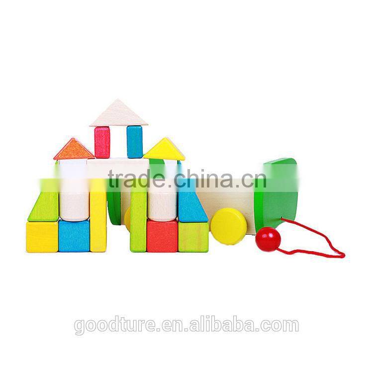 17pcs Beechwood Building Block Pulling Cart Wooden Block Cart