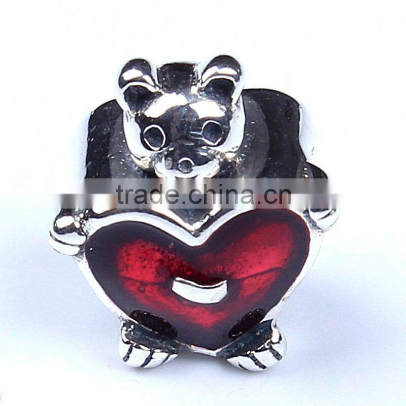 Silver Bear Beads Red Enamel Heart Shape Accessories For Bracelet
