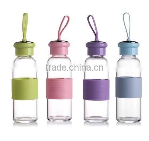 Beautiful design clear borosilicate sport glass water bottle with colored plastic lid