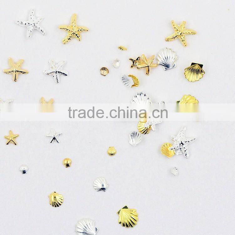 2016 Popular Sea Series metal nail art Summer gold silver starfish/ Shell/ feathers Nail Arts design