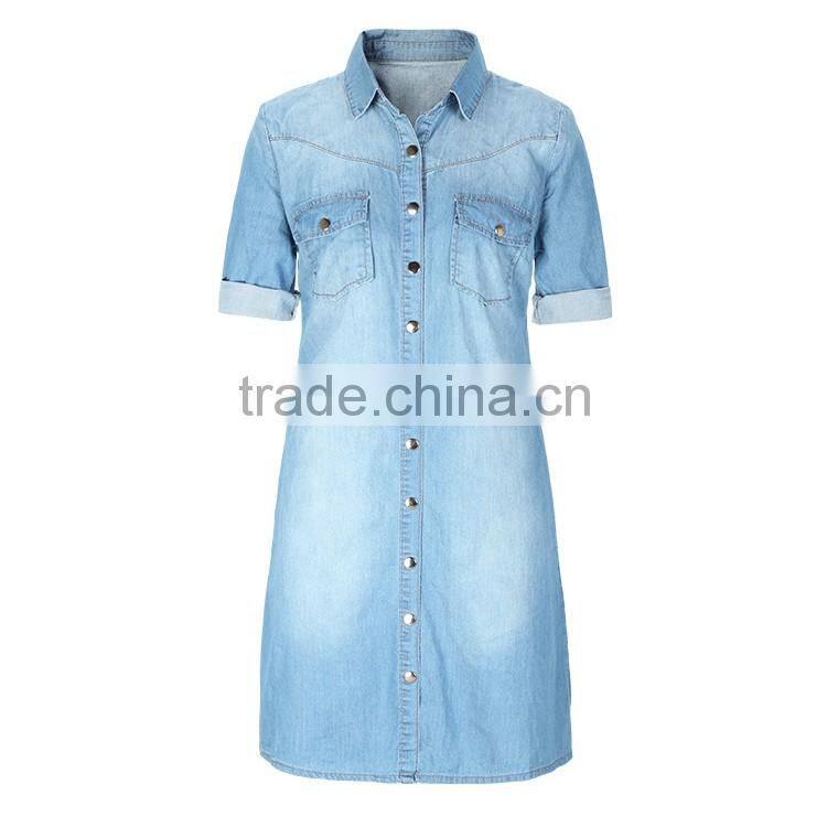 2016 Summer Fashion Ladies Snap Buttons Closure Denim Shirt Rolled Half Sleeve Slim Fit Casual Shirts For Women