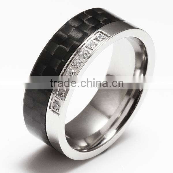 2 Stripe Black Carbon Fiber Inlay Ring with 1 Clear CZ (8mm) R2607P