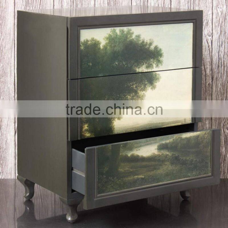 Vintage Wooden Bedside Table Digital Printing Night Table with Drawer Solid Wooden Furniture