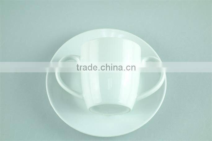 White porcelain cup saucer double handles , stock cups chaozhou factory Sanbo