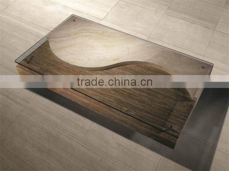 modern beige travertine marble living room coffee table with glass top