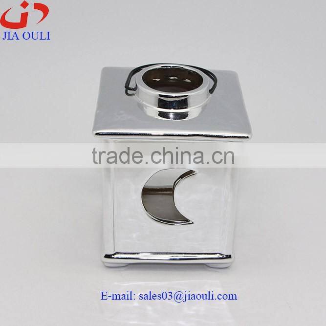 BSCI Audit Factory plating silver ceramic hurricane lamp for gift decor, candle lantern