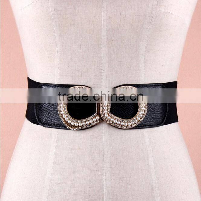 Wholesale pearl and rhinestone inlaid buckle sex women lady wide PU waist belt