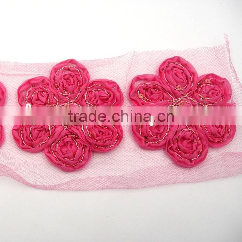 New latest csutom gold line chiffon flower applique work designs for dress