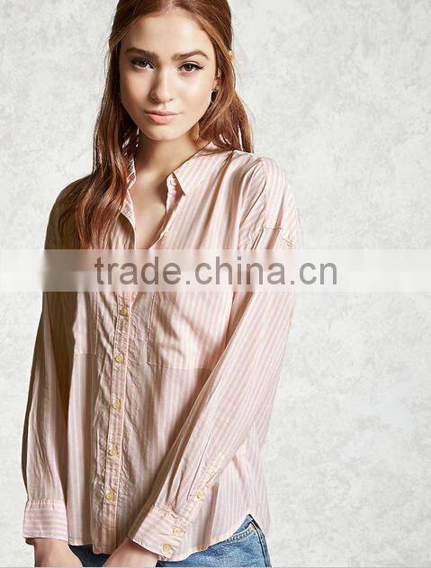 Woman long sleeve striped button down basic collar curved hem cotton blouse