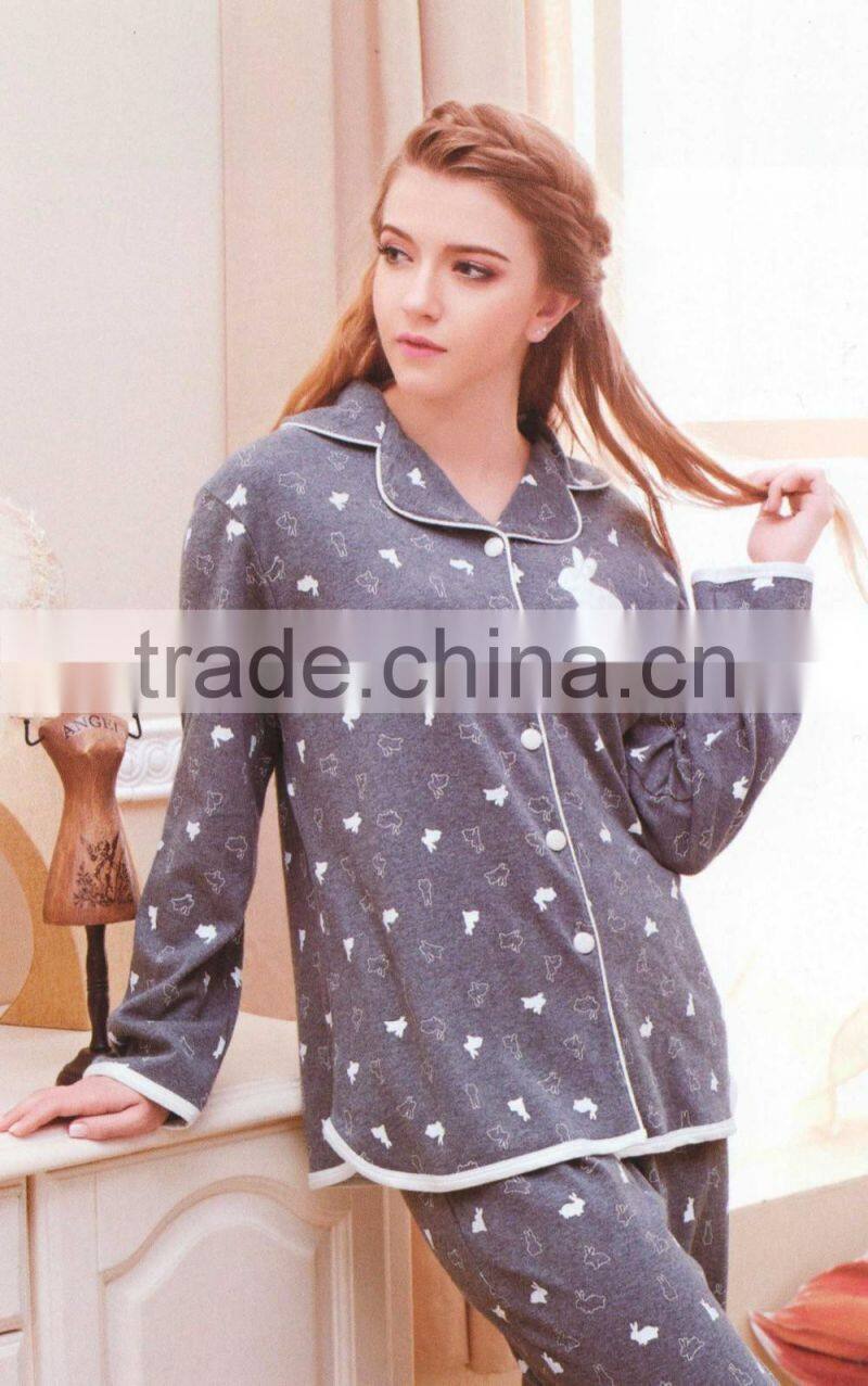 Classic style fall cotton two piece woman pyjama for night sleep wear