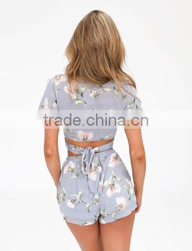 2016 Fashionable Floral Printed Bandage Crop Top And Shorts Sets
