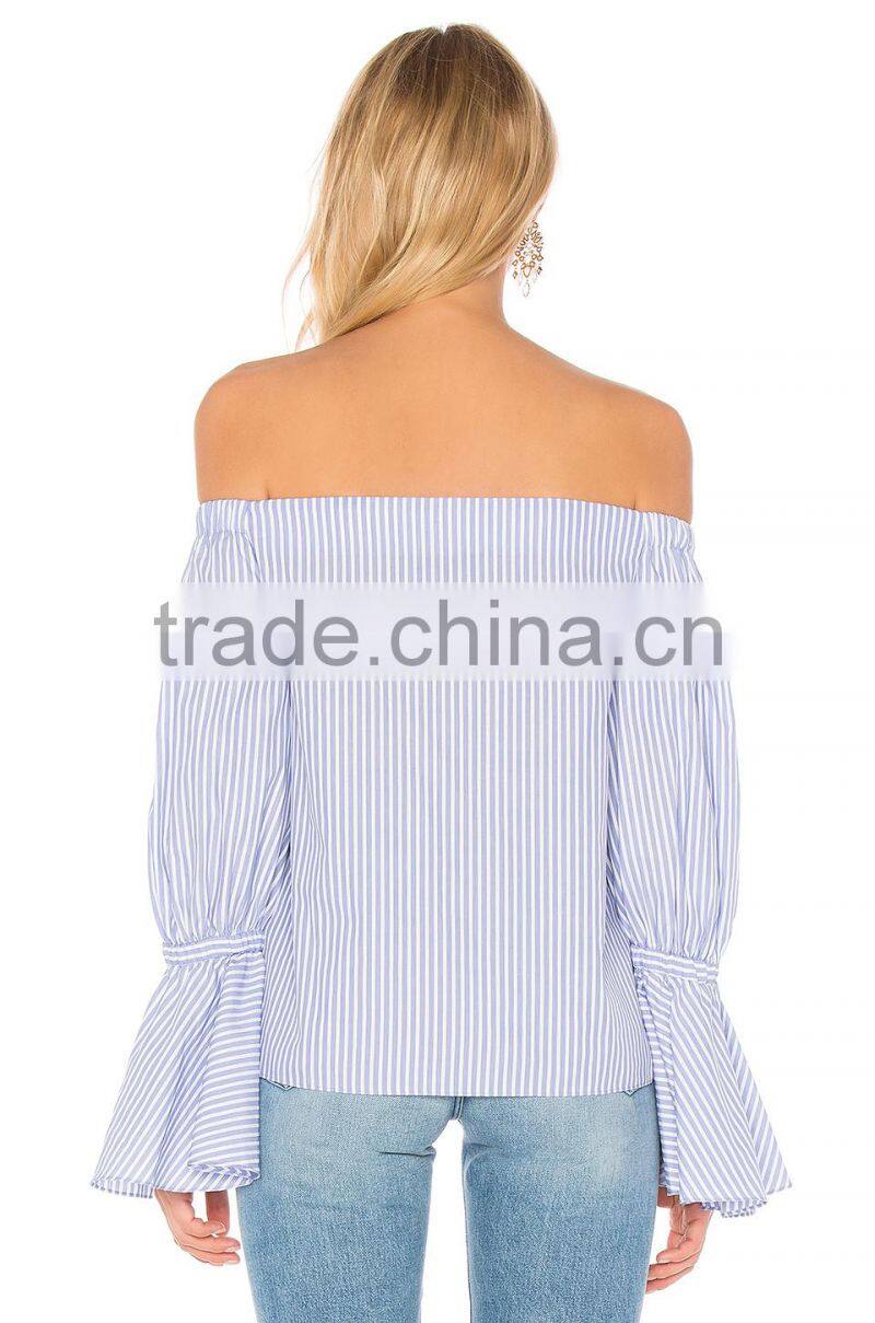 Wholesale Women Apparel Strapless Bell Sleeves Stripes Romantic Blouse(DQE0401T)