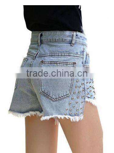 High-Rise Waist Denim Rip Shorts With Rivet Embellished