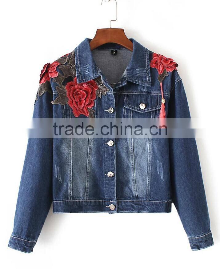 Runwaylover EY1051C Latest Classic Fashion Floral Embroidery Denim Jacket Women Wholesale Denim Jackets