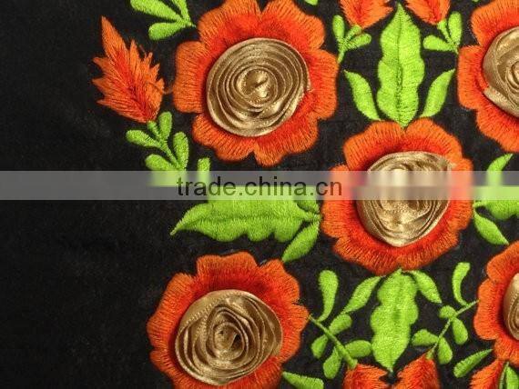 Black Pillow Cover, Decorative Pillow Cover, Floral Embroidery Pillow, Ribbon Pillow, Orange Accent Pillow, Couch Pillow,