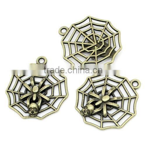 Halloween Charm Pendants Spider Web Antique Bronze W/Skull&Spider 29x27mm