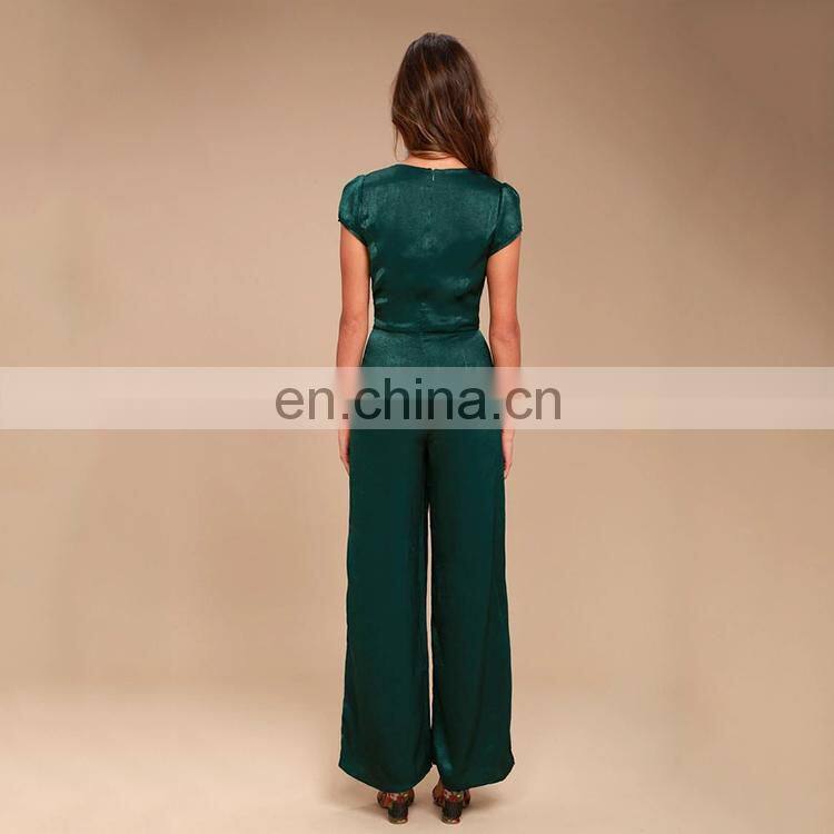dongguan suppliers european style short sleeve satin wide-leg black long women one piece jumpsuit