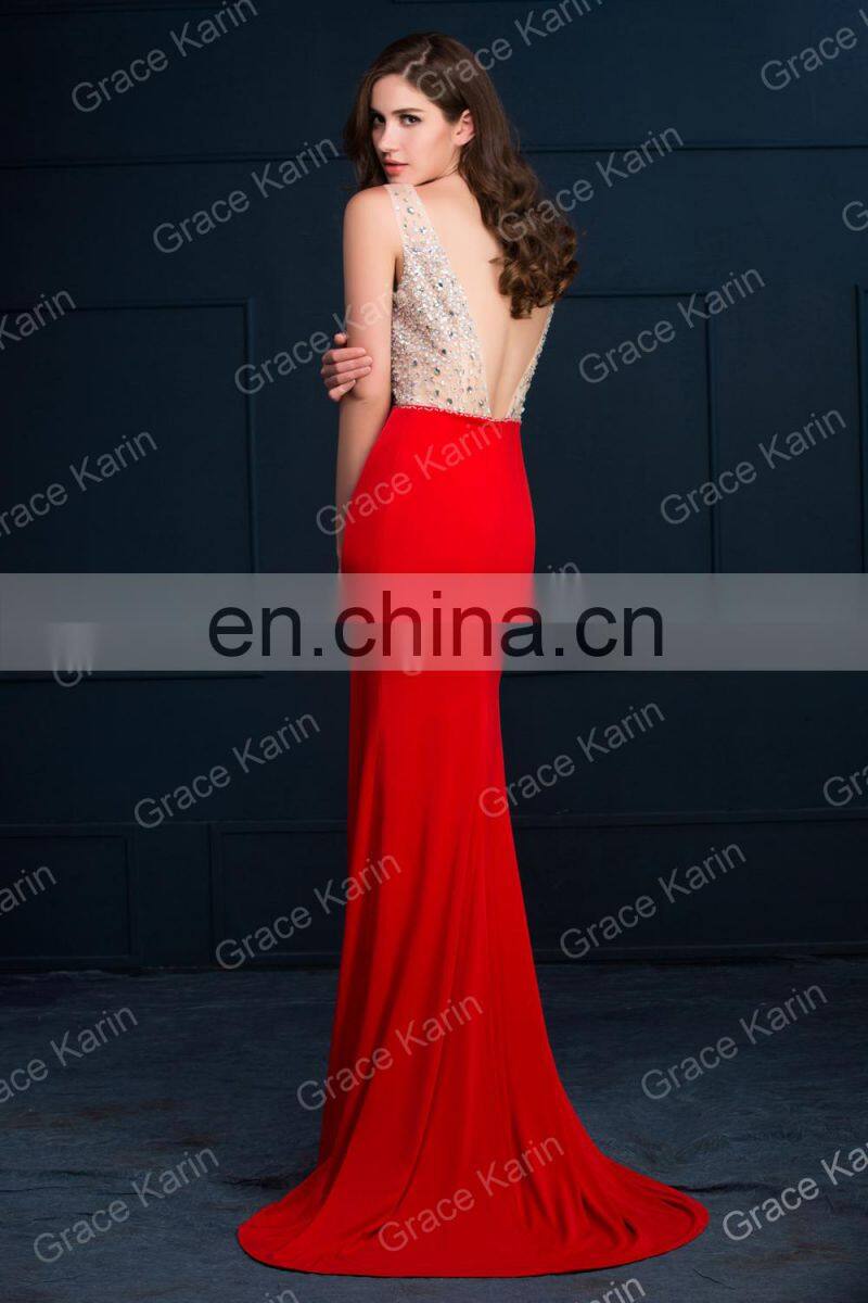 Grace Karin Women Sexy Backless V-Neck High-Split Shining Rhinestone Sequins Red Long Prom Dresses CL008914-1