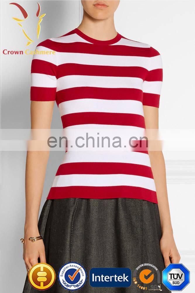 Ladies red and white striped short sleeve pure cashmere sweater