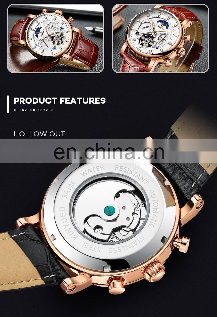 KINYUED J025 Automatic Watches Men Luxury Brand 2018 Mechanical Skeleton Watch Mens Moon Phase Calendar Sport Male Clock add Gif
