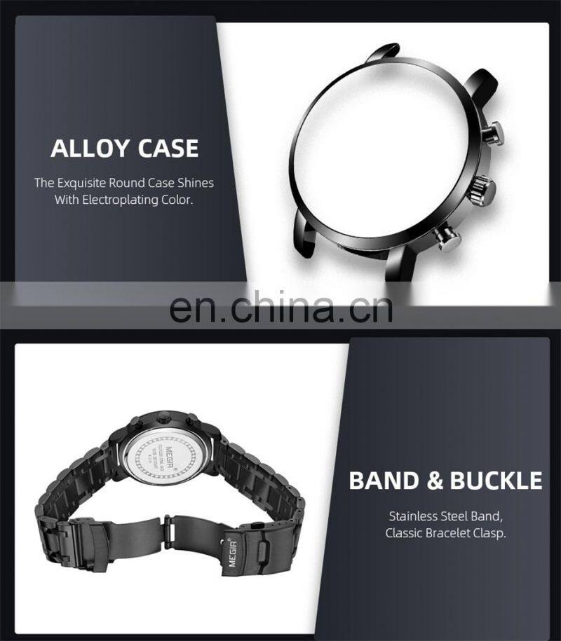 MEGIR 2160G Men Quartz Wristwatch Waterproof Business Multifunctional Stainless Steel Mans Watches