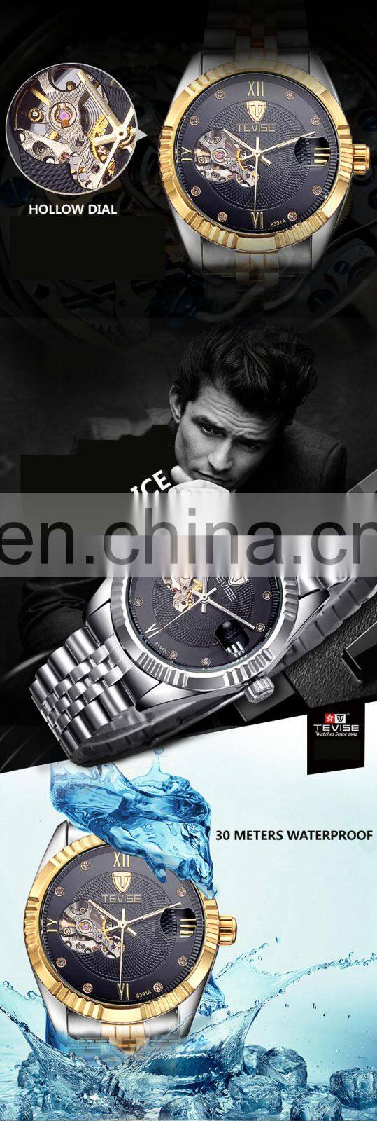 TEVISE 8391A Full Steel Wristwatch Man Skeleton Self-Wind Mechanical Watches Men