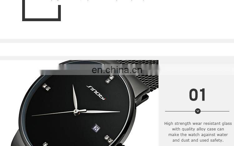 SINOBI Men's Watch Luxury Calendar Date Display Dazzling Diamond Index Dial Steel Milanese Mesh Band S9685G Relogio Masculino