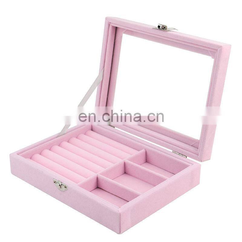 Velvet Glass Ring Earring Jewelry Display Organizer Box Tray Holder Storage Case