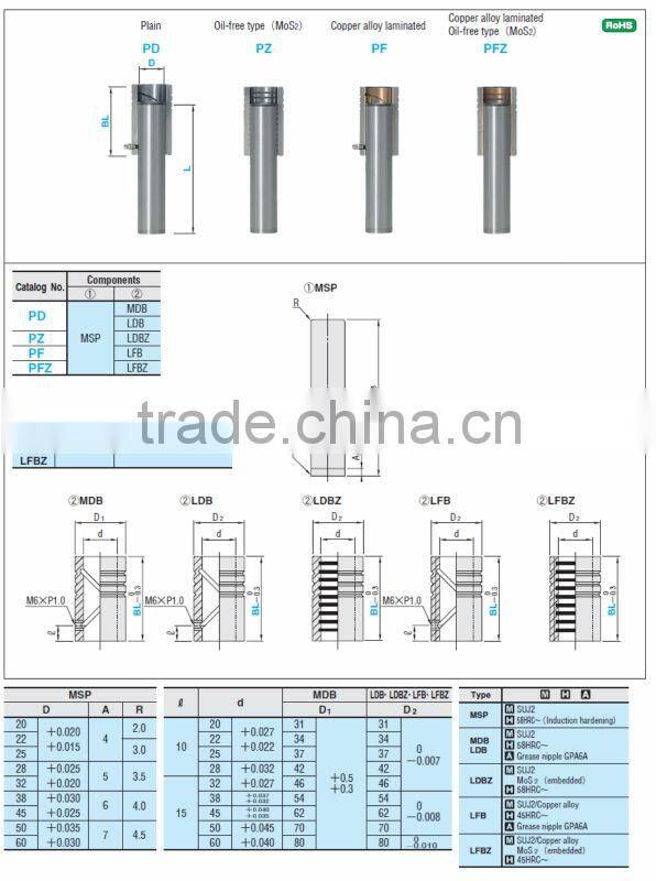 Plain guide post sets for die set -press fit post - PZ oil-free type (MoS2)