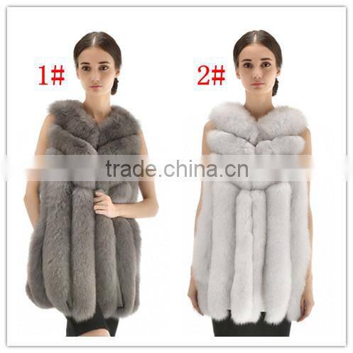 New Arrival Long Style 2015 Luxurious Whole Hide Big Bar Real White Fox Fur Vest With Trimming