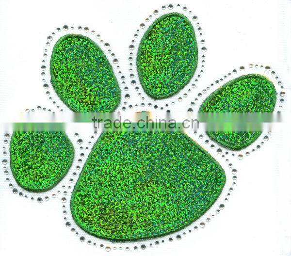 Iron On Transfer Applique Rhinestone and Sequin Green Paw Print design
