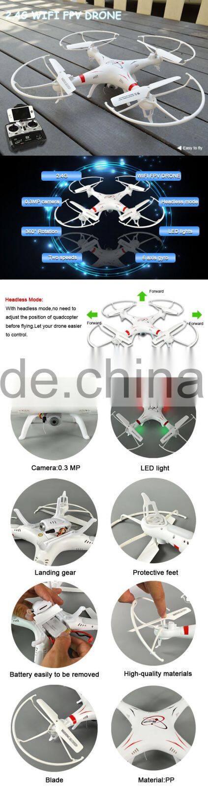 Two control mode 2.4G RC WIFI quadrocopter drone with 0.3MP camera.