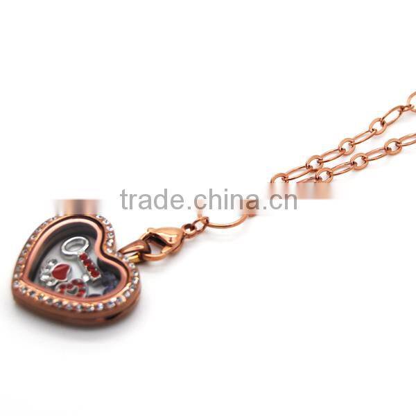 Dongguan manufacturer wholesale heart shaped locket necklace stainless steel floating glass magnetic gold locket jewelry