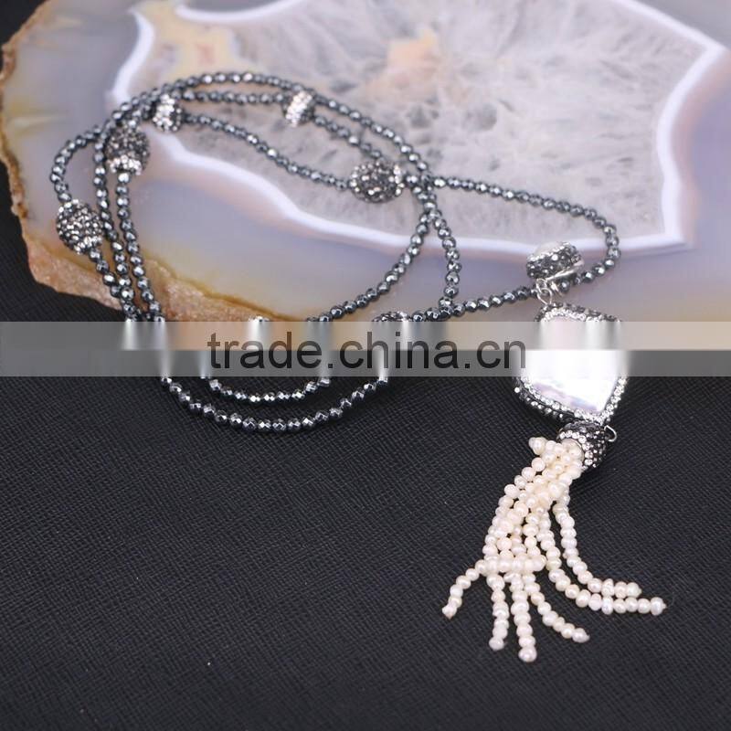 Freshwater Pearl with Imitation Pearl Tassel Pendant Necklace, Pave Rhinestone Beads Hematite Beaded Necklace