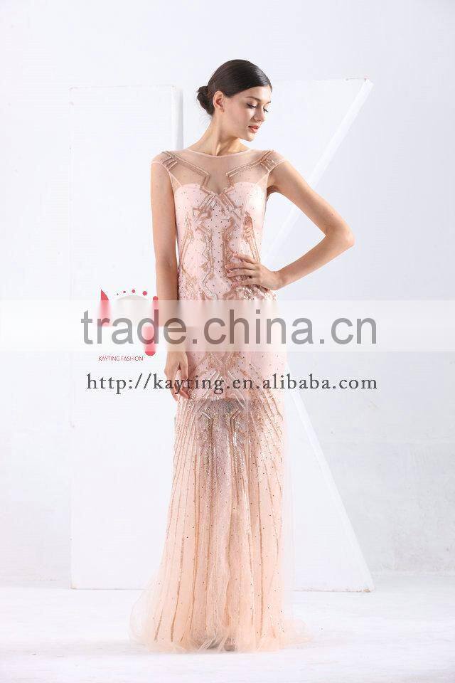 Hot sale Gorgeous Pink short sleeve transparent backless fashion beaded party sexy dress elegant young sex evening dress