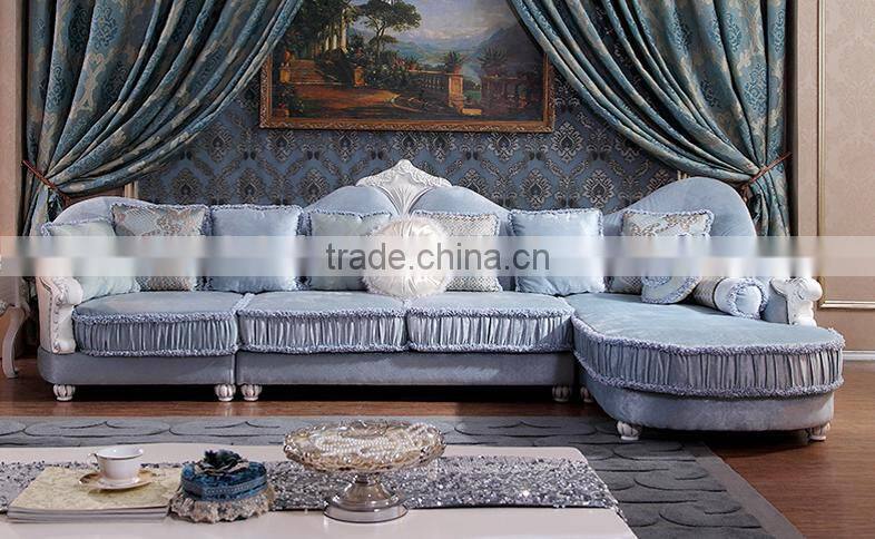 Warm blue color flower painting fabric corner sofa set