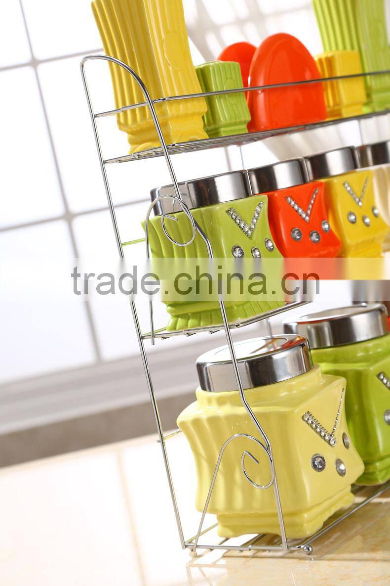 ceramic canister set with stainless metal stand