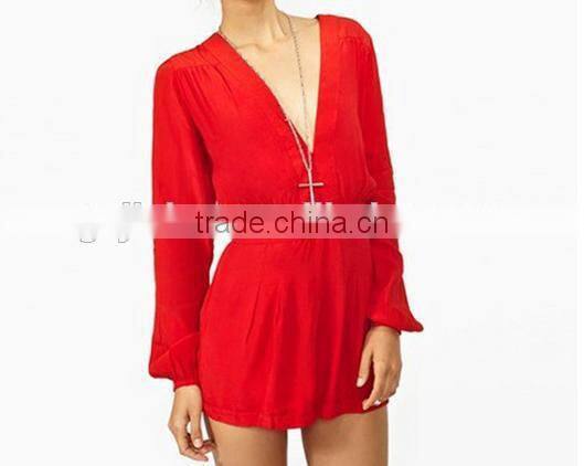 Sexy Ladies Women Jumpsuit Career Long Sleeve Chiffon Rompers Casual Short Pant Deep V-Neck Jumpsuit
