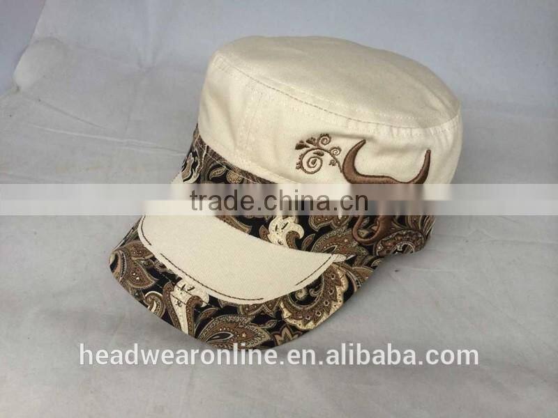 Hot Horn embroidery Military Caps and flat caps with Dongguan Factory