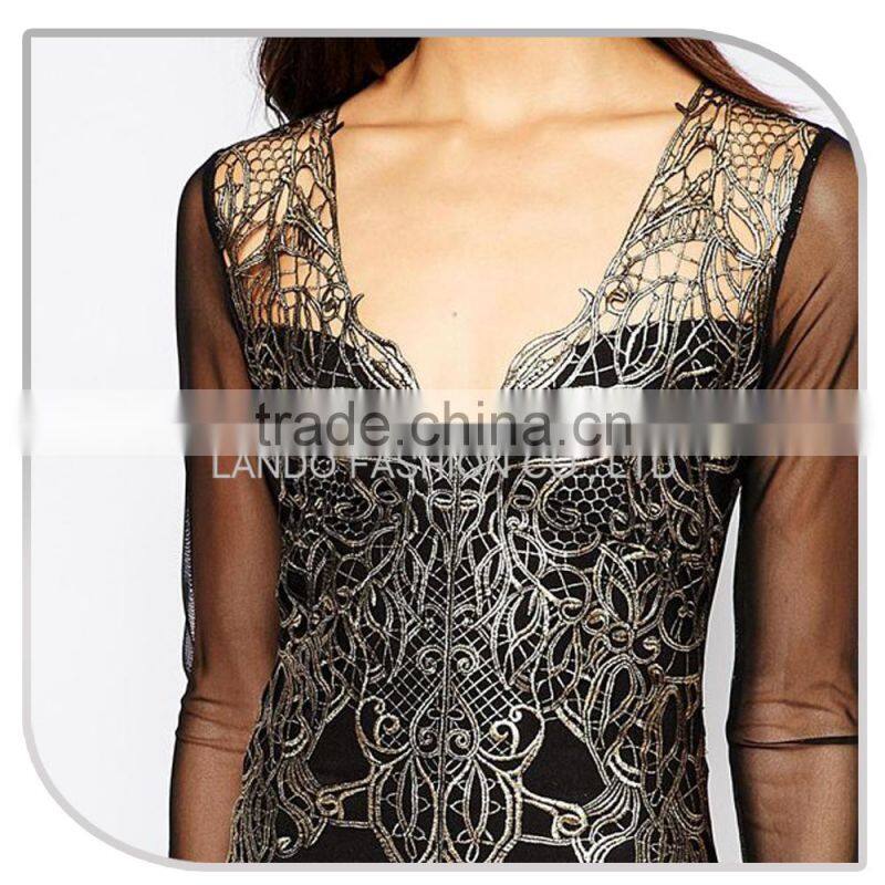 2016 long sleeve one-piece Dress With Silver Lace Appliqued sexy girl bodycon dress