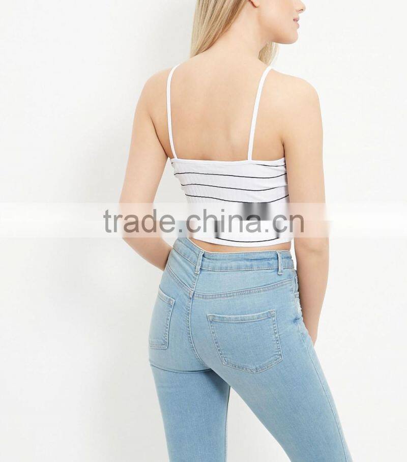 2016 Ladies Sexy White Ribbed Stripe Crop Top HST8040